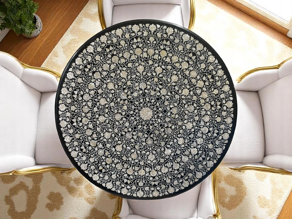 Marble Top Round Table Floral Mother Of Pearl Inlay Design